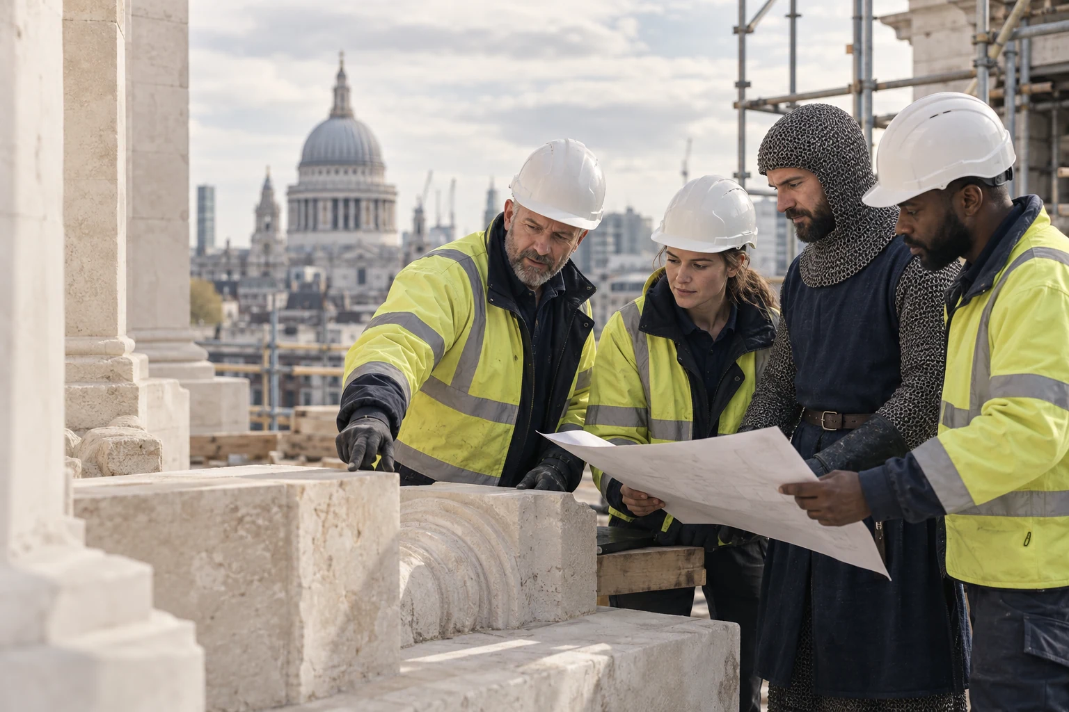 Illustrative scene of a knight and modern construction workers reviewing plans together in London